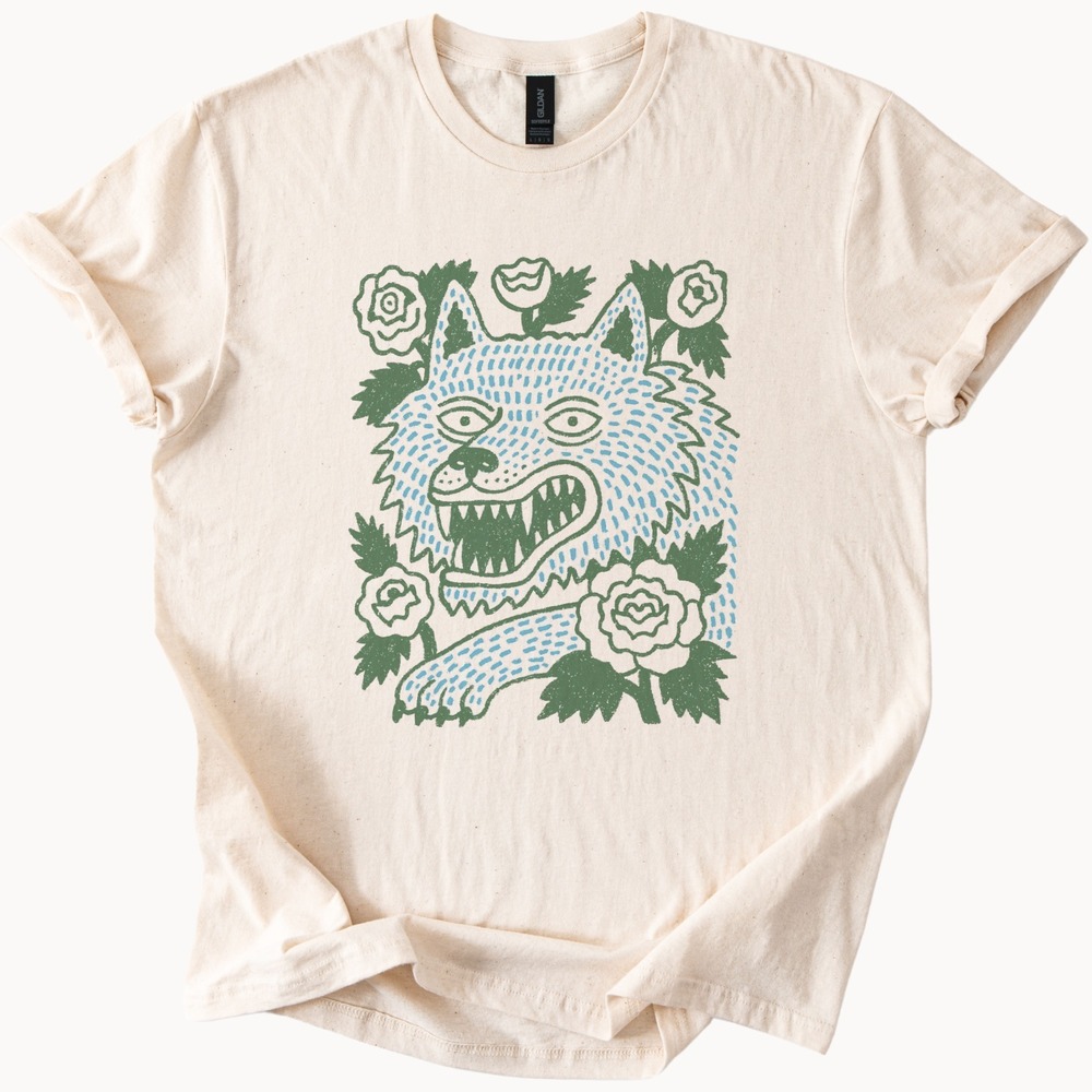 Linocut Print Tee – Snarling Wolf & Roses - Picture 3 of 5